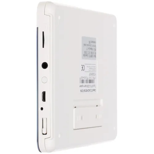 Biały, prostokątny elektroniczny gadżet z widocznymi portami i przyciskami na bocznej krawędzi. Urządzenie posiada etykietę z informacjami technicznymi na tylnej stronie.
