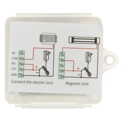 Na zdjęciu znajduje się schemat podłączenia zamka elektrycznego i zamka magnetycznego, umieszczony na białym tle. Schemat pokazuje oznaczenia i połączenia przewodów dla różnych komponentów elektrycznych.