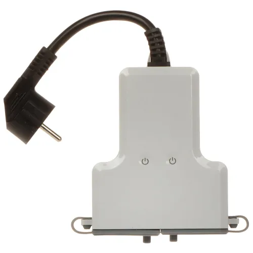 Zdjęcie przedstawia biały adapter elektryczny z dwoma przyciskami zasilania, widziany z góry. Adapter ma krótki czarny kabel zakończony wtyczką.