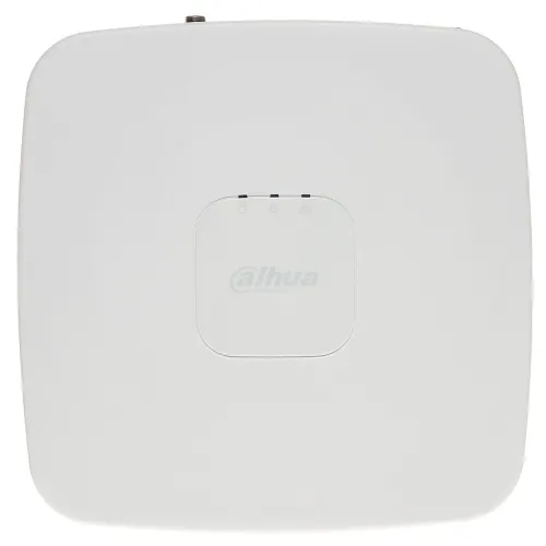 Kwadratowe, białe urządzenie z zaokrąglonymi rogami, posiada centralnie umieszczone logo Dahua. Na górnej powierzchni widoczne są trzy małe diody sygnalizacyjne.