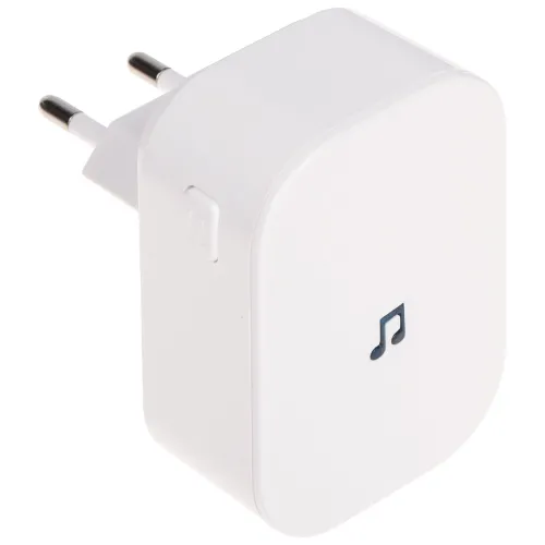 Biały adapter z wtyczką elektryczną i symbolem nuty na przedniej stronie. Kompaktowy design z zaokrąglonymi krawędziami.