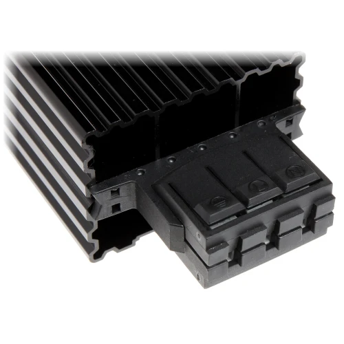 Na zdjęciu znajduje się czarny profil aluminiowy z widocznym złączem elektrycznym na końcu. Profil ma żebrowaną strukturę, a złącze posiada trzy wyraźnie oznaczone miejsca na przewody.