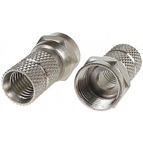 Na zdjęciu znajdują się dwa metalowe wtyki F, wykonane z materiału o srebrnym wykończeniu. Wtyki mają gwintowaną powierzchnię i sześciokątną nakrętkę ułatwiającą montaż.