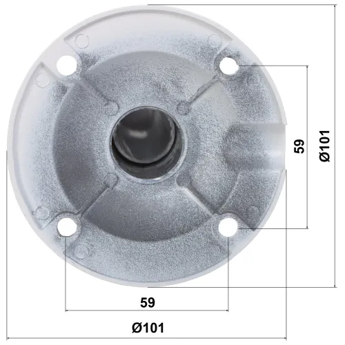Zdjęcie przedstawia metalowy element montażowy z czterema otworami na śruby, oznaczony wymiarami 59 mm i 101 mm. Element ma okrągły kształt z centralnym otworem.