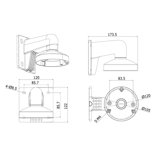 Schemat techniczny uchwytu ściennego z wymiarami, przedstawiający widok z boku, z przodu i z góry. Rysunek zawiera szczegółowe oznaczenia wymiarów w milimetrach oraz otworów montażowych.