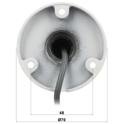 Zdjęcie przedstawia okrągłą podstawę montażową z czterema otworami na śruby i wychodzącym przewodem. Na dole widoczne są wymiary: średnica 70 mm i szerokość 48 mm.