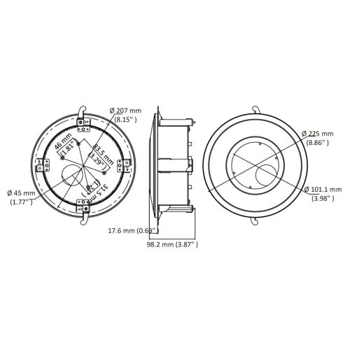 Ilustracja przedstawia techniczny rysunek wymiarowy okrągłego urządzenia z trzema widokami: z przodu, z boku i z góry. Wymiary są podane w milimetrach i calach, a rysunek zawiera szczegółowe oznaczenia dotyczące średnicy i głębokości.