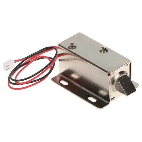 Zaczep elektromagnetyczny szafkowy z metalową obudową i dwoma otworami montażowymi. Posiada przewody zasilające w kolorach czerwonym i czarnym zakończone białą wtyczką.