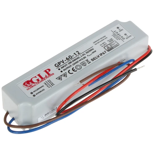 Zasilacz impulsowy GPV-60-12 marki GLP o mocy 60W, z wejściem 100-240VAC i wyjściem 12VDC 5A. Obudowa jest prostokątna, szara, z kolorowymi przewodami i oznaczeniami technicznymi na powierzchni.