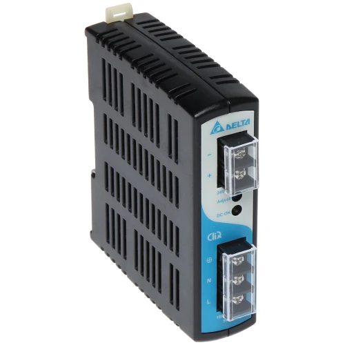 Zasilacz impulsowy Delta DRP-024V060W-1AZ o mocy 60W i napięciu wyjściowym 24V, z czarną obudową i niebieskim panelem przednim. Posiada złącza śrubowe oraz wskaźnik LED.