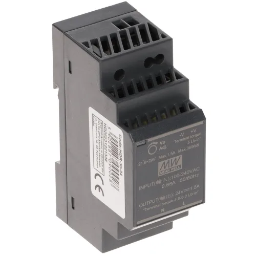 Zasilacz impulsowy HDR-30-24 Mean Well w czarnej obudowie z widocznymi oznaczeniami technicznymi na przedniej stronie. Urządzenie posiada złącza na górze i dole oraz etykietę z informacjami o parametrach wejściowych i wyjściowych.