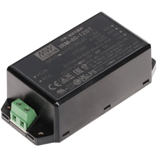 Zasilacz impulsowy IRM-60-12ST marki Mean Well w czarnej obudowie z widocznymi oznaczeniami technicznymi na górnej powierzchni. Na jednym z końców znajduje się zielony terminal przyłączeniowy.
