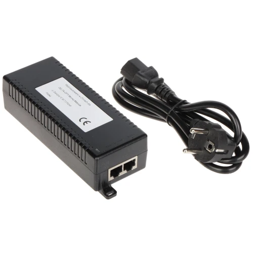 Zasilacz PoE SPT-1G1GP-30W-S o mocy 30W z dwoma portami Ethernet i przewodem zasilającym. Obudowa jest czarna, prostokątna z białą etykietą na górze.