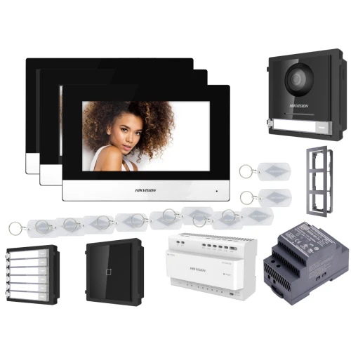 Zestaw 3-rodzinny wideodomofonowy IP Hikvision FullHD Moduł czytnika DS-KD8003-IME2 z 3x Monitor i akcesoria