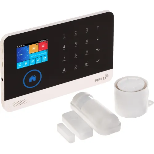 Zestaw alarmowy składający się z panelu sterującego z ekranem dotykowym, czujnika ruchu, czujnika otwarcia drzwi/okna oraz syreny. Panel posiada kolorowy wyświetlacz i klawiaturę numeryczną.