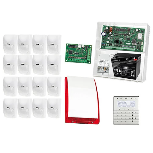 Zestaw alarmowy: Płyta główna INTEGRA 128WRL, Manipulator Sensoryczny INT-KSG-SSW, 16x Czujka BINGO, Sygnalizator zewnetrzny SPL-5010 R,  Akcesoria