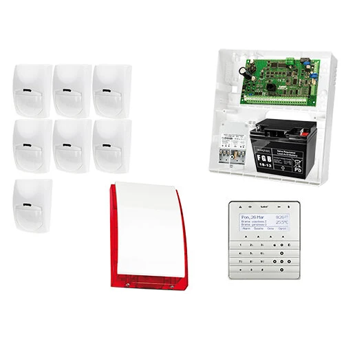 Zestaw alarmowy: Płyta główna INTEGRA 32, Manipulator INT-KSG-SSW, 7x Czujka BINGO, Sygnalizator zewnetrzny SPL-5010 R,  Akcesoria