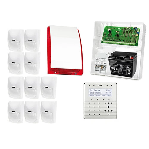 System alarmowy: Płyta główna INTEGRA 64, Manipulator INT-KSG-SSW, 10x Czujka BINGO, Sygnalizator zewnetrzny SPL-5010 R,  Akcesoria