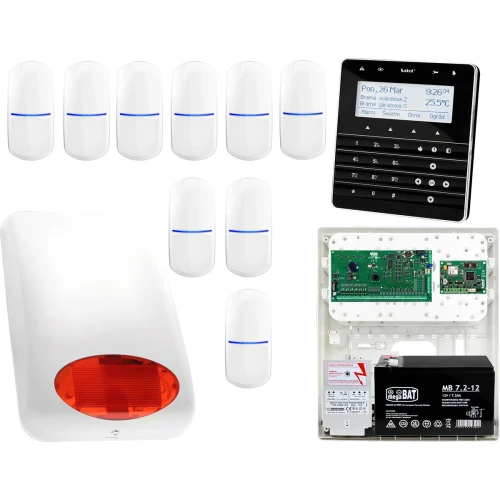 Zestaw alarmowy Płyta główna INTEGRA 128 Manipulator sensoryczny INT-KSG-BSB 9x Czujka SLIM-PIR Sygnalizator zewnetrzny SPL-5010 R