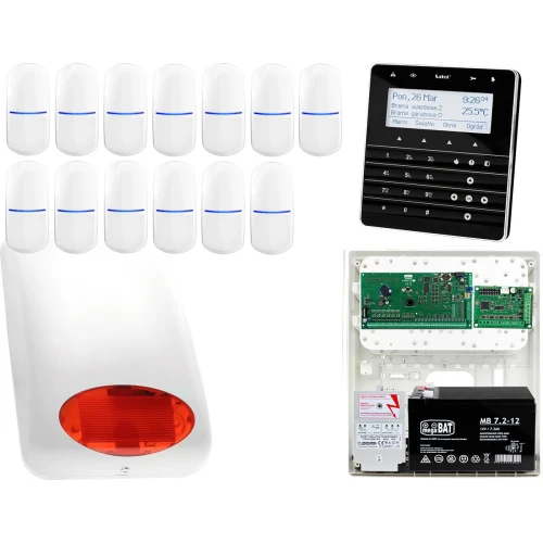Zestaw alarmowy Płyta główna INTEGRA 64 Manipulator sensoryczny INT-KSG-BSB 13x Czujka SLIM-PIR Sygnalizator zewnetrzny SPL-5010 R