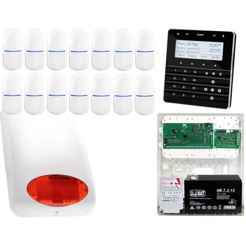 Zestaw alarmowy Płyta główna INTEGRA 64 Manipulator sensoryczny INT-KSG-BSB 14x Czujka SLIM-PIR Sygnalizator zewnetrzny SPL-5010 R