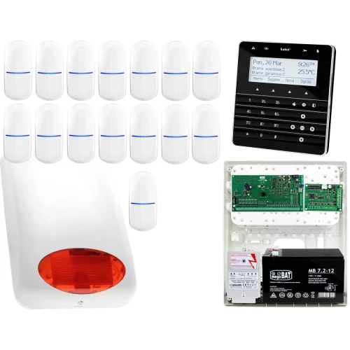 Zestaw alarmowy Płyta główna INTEGRA 64 Manipulator sensoryczny INT-KSG-BSB 15x Czujka SLIM-PIR Sygnalizator zewnetrzny SPL-5010 R
