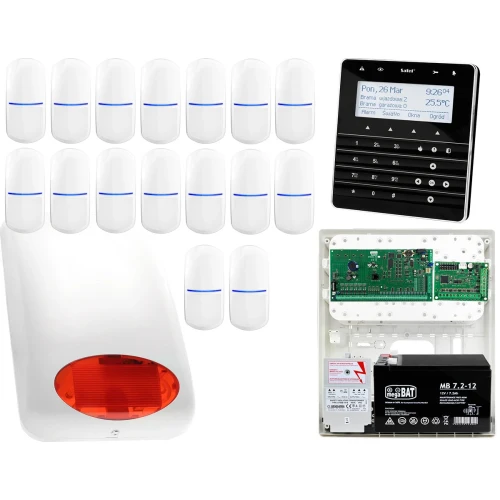 Zestaw alarmowy Płyta główna INTEGRA 64 Manipulator sensoryczny INT-KSG-BSB 16x Czujka SLIM-PIR Sygnalizator zewnetrzny SPL-5010 R