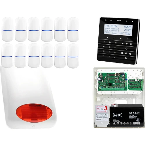 Zestaw alarmowy Płyta główna INTEGRA 32 Manipulator sensoryczny INT-KSG-BSB 12x Czujka SLIM-PIR Sygnalizator zewnetrzny SPL-5010 R