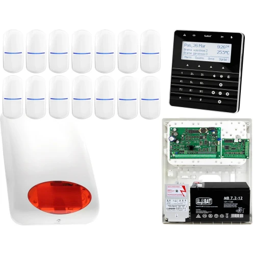Zestaw alarmowy Płyta główna INTEGRA 32 Manipulator sensoryczny INT-KSG-BSB 14x Czujka SLIM-PIR Sygnalizator zewnetrzny SPL-5010 R