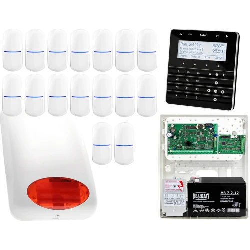 Zestaw alarmowy Płyta główna INTEGRA 32 Manipulator sensoryczny INT-KSG-BSB 16x Czujka SLIM-PIR Sygnalizator zewnetrzny SPL-5010 R