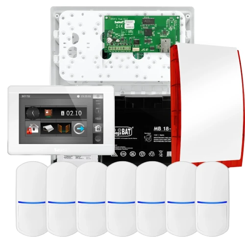 Zestaw alarmowy SATEL INTEGRA 32, 7x czujka PET, sygnalizator, biały manipulator INT-TSI-W