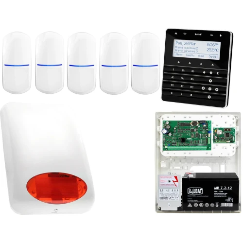 Zestaw alarmowy Satel INTEGRA 64 Manipulator sensoryczny INT-KSG-BSB 5x Czujka SLIM-PIR Sygnalizator zewnetrzny SPL-5010 R Powiadomienie GSM