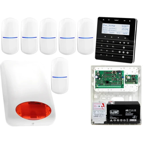 Zestaw alarmowy Satel INTEGRA 64 Manipulator sensoryczny INT-KSG-BSB 6x Czujka SLIM-PIR Sygnalizator zewnetrzny SPL-5010 R Powiadomienie GSM
