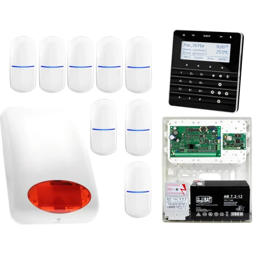 Zestaw alarmowy Satel INTEGRA 64 Manipulator sensoryczny INT-KSG-BSB 8x Czujka SLIM-PIR Sygnalizator zewnetrzny SPL-5010 R Powiadomienie GSM