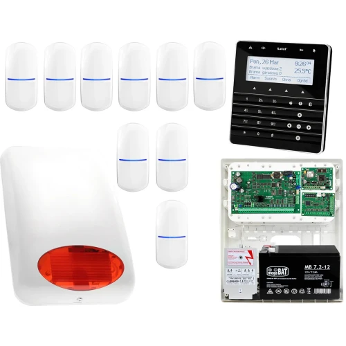 Zestaw alarmowy Satel INTEGRA 64 Manipulator sensoryczny INT-KSG-BSB 9x Czujka SLIM-PIR Sygnalizator zewnetrzny SPL-5010 R Powiadomienie GSM