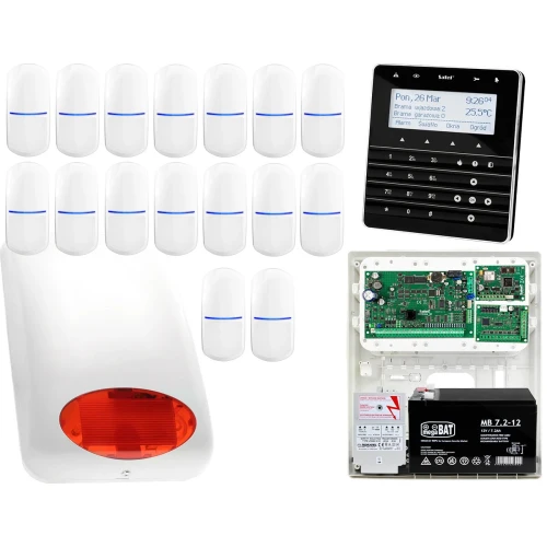 Zestaw alarmowy Satel INTEGRA 64 Manipulator sensoryczny INT-KSG-BSB 16x Czujka SLIM-PIR Sygnalizator zewnetrzny SPL-5010 R Powiadomienie GSM