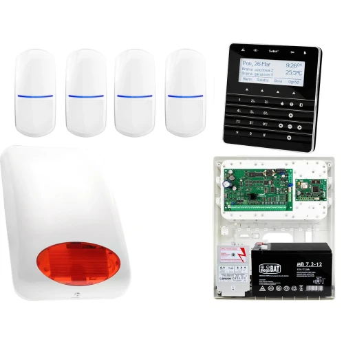 Zestaw alarmowy Satel INTEGRA 32 Manipulator sensoryczny INT-KSG-BSB 4x Czujka SLIM-PIR Sygnalizator zewnetrzny SPL-5010 R Powiadomienie GSM