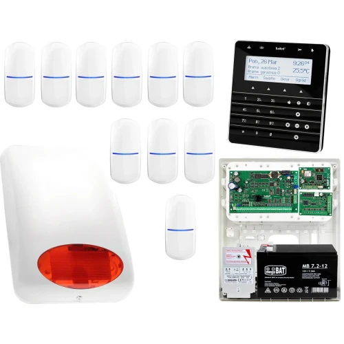Zestaw alarmowy Satel INTEGRA 32 Manipulator sensoryczny INT-KSG-BSB 10x Czujka SLIM-PIR Sygnalizator zewnetrzny SPL-5010 R Powiadomienie GSM