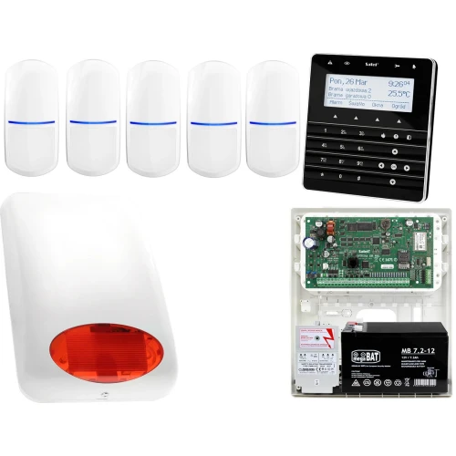 Zestaw alarmowy Satel INTEGRA 128-WRL Manipulator sensoryczny INT-KSG-BSB 5x Czujka SLIM-PIR Sygnalizator zewnetrzny SPL-5010 R Powiadomienie GSM