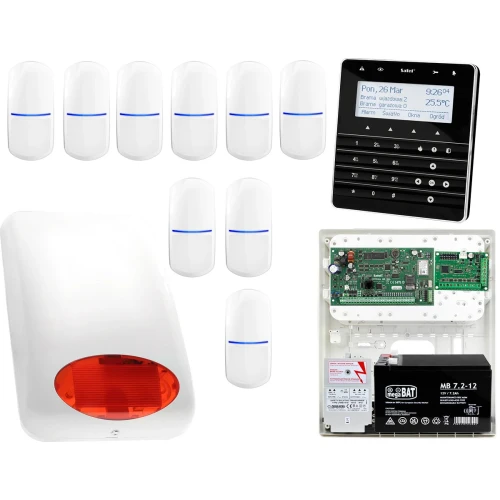 Zestaw alarmowy Satel INTEGRA 128-WRL Manipulator sensoryczny INT-KSG-BSB 9x Czujka SLIM-PIR Sygnalizator zewnetrzny SPL-5010 R Powiadomienie GSM