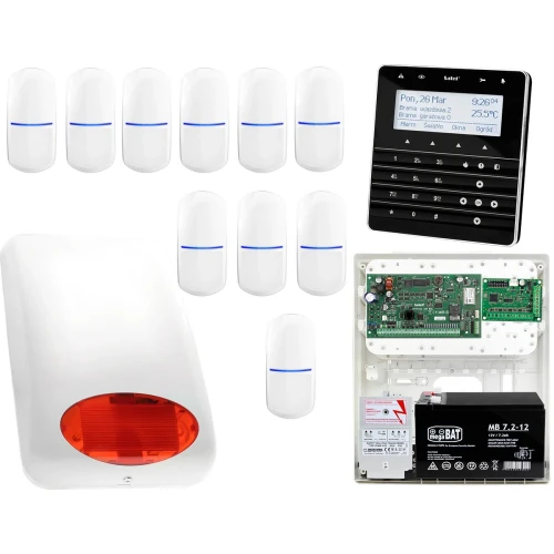 Zestaw alarmowy Satel INTEGRA 128-WRL Manipulator sensoryczny INT-KSG-BSB 10x Czujka SLIM-PIR Sygnalizator zewnetrzny SPL-5010 R Powiadomienie GSM
