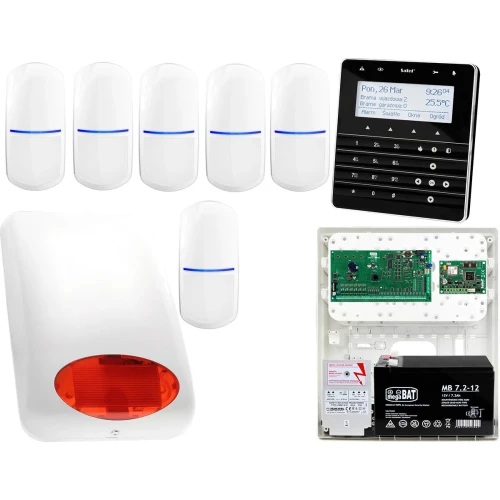 Zestaw alarmowy Satel INTEGRA 128 Manipulator sensoryczny INT-KSG-BSB 6x Czujka SLIM-PIR Sygnalizator zewnetrzny SPL-5010 R Powiadomienie GSM