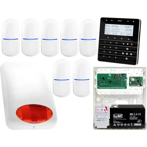 Zestaw alarmowy Satel INTEGRA 128 Manipulator sensoryczny INT-KSG-BSB 7x Czujka SLIM-PIR Sygnalizator zewnetrzny SPL-5010 R Powiadomienie GSM
