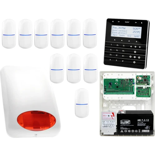 Zestaw alarmowy Satel INTEGRA 128 Manipulator sensoryczny INT-KSG-BSB 10x Czujka SLIM-PIR Sygnalizator zewnetrzny SPL-5010 R Powiadomienie GSM