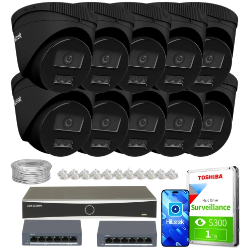 Zestaw do monitoringu składający się z dziesięciu czarnych kamer IP, rejestratora, dwóch switchów, dysku twardego Toshiba 1TB oraz akcesoriów montażowych. Na zdjęciu widoczne są również przewody i aplikacja mobilna HiLook.