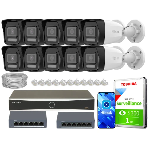 Na zdjęciu znajduje się zestaw do monitoringu, który obejmuje dziesięć kamer IP, rejestrator, dysk twardy Toshiba, dwa switche oraz przewody i złącza. Kamery są w kolorze czarno-białym, a dysk twardy jest oznaczony jako model do nadzoru.
