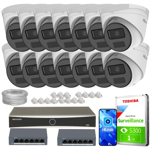 Zestaw do monitoringu składający się z czternastu kamer IP, rejestratora, dwóch switchów, dysku twardego Toshiba oraz akcesoriów montażowych. Kamery są białe z czarnymi elementami, a wszystkie komponenty są ułożone na białym tle.