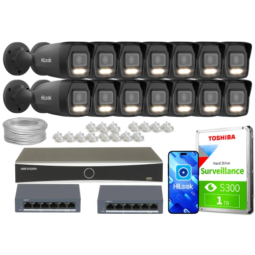 Zestaw do monitoringu składający się z czternastu kamer HiLook, rejestratora Hikvision, dysku twardego Toshiba oraz dwóch switchów sieciowych. W zestawie znajdują się również przewody i złącza niezbędne do instalacji.