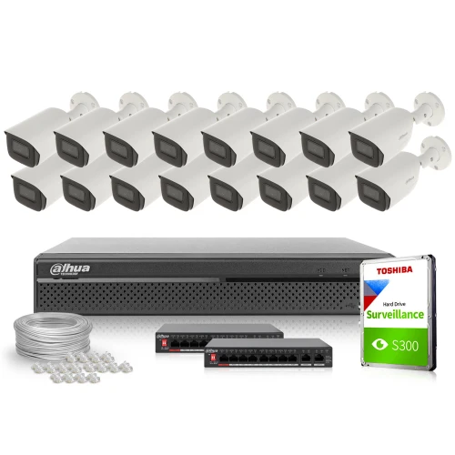 Zestaw do monitoringu składający się z szesnastu białych kamer IP, rejestratora Dahua, dysku twardego Toshiba oraz akcesoriów montażowych. Na zdjęciu widoczne są również kable i dwa przełączniki sieciowe.