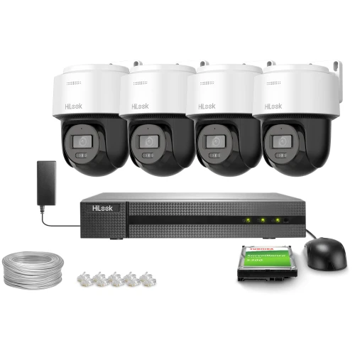Zestaw do monitoringu składający się z czterech kamer PTZ, rejestratora HiLook, dysku twardego Toshiba oraz akcesoriów takich jak kable i wtyczki. Kamery są umieszczone w górnej części zdjęcia, a pozostałe elementy zestawu znajdują się poniżej.